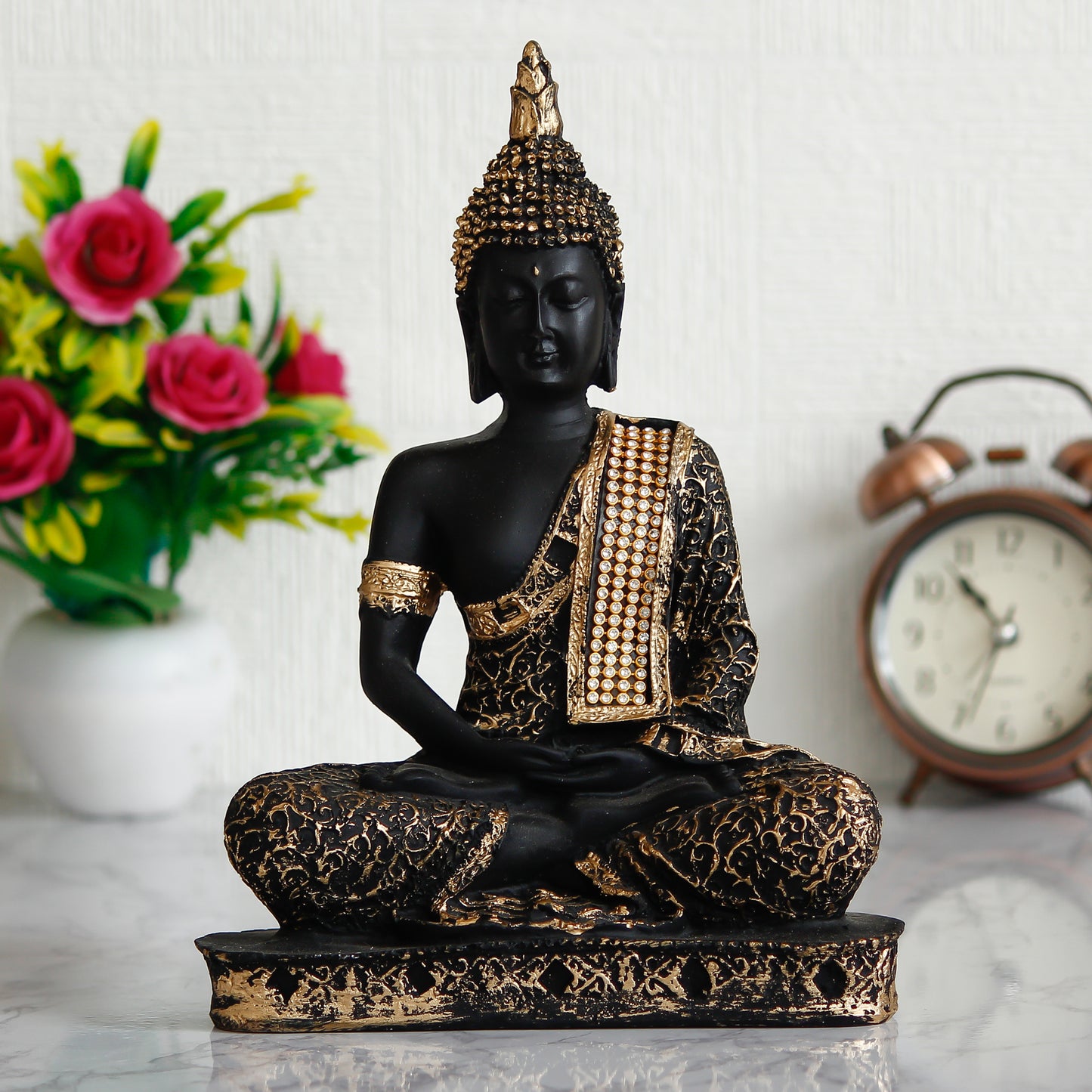 Meditating Lord Buddha Handcrafted Decorative Showpiece Black and Golden