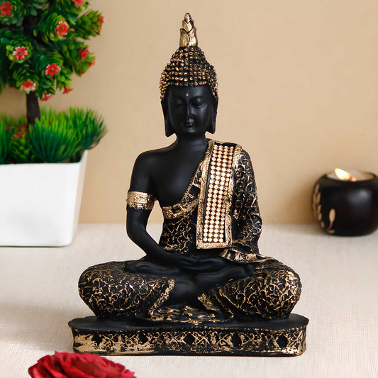 Meditating Lord Buddha Handcrafted Decorative Showpiece Black and Golden